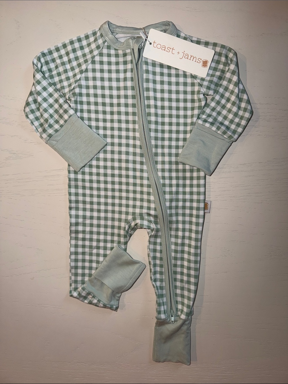 Toast + Jams Green Sage Gingham Convertible Romper Newborn 0-3 18-24 month